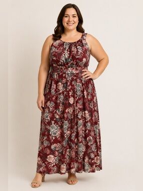 Meri Skye Burgundy Floral Sleeveless Maxi Dress Plus Size 1X